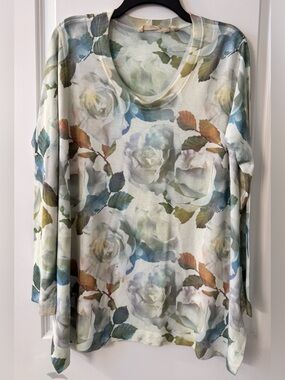 #z187 Soft Surroundings Watercolor Floral Green Tunic Sweater Crewneck Pullover